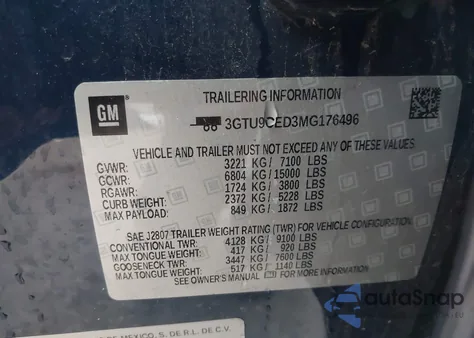 2021 GMC Sierra 1500 4Wd Short Box Elevation from USA, damaged, VIN 3GTU9CED3MG176496